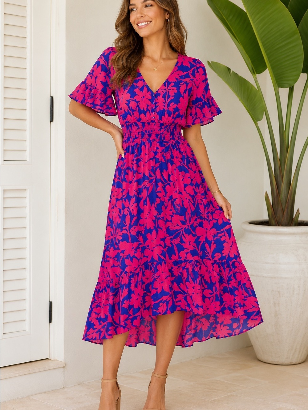 Abel the Label Tropical Floral Smocked Midi Dress Small